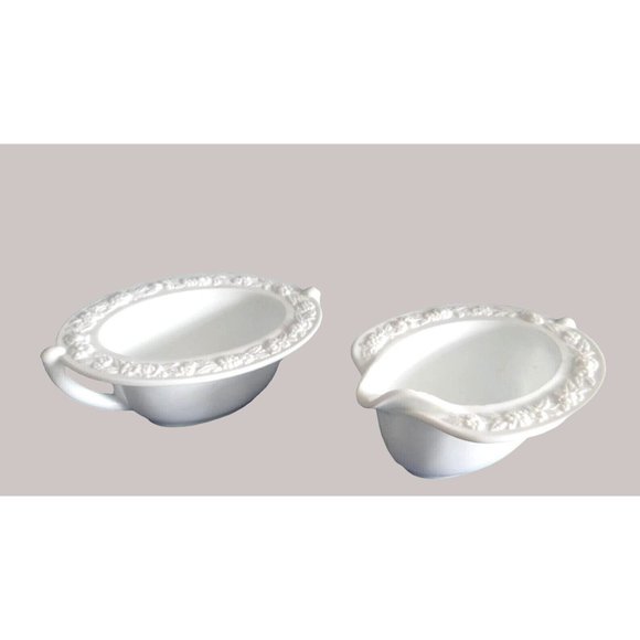 Anchor Hocking Vitrock Oval Floral Rim Milk Glass Cream and Sugar Set 1930's - Picture 1 of 5